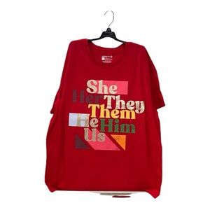 Red Graphic T-Shirt w/Pronoun Design EUC Pit to pit 25 inches Length 29 inch